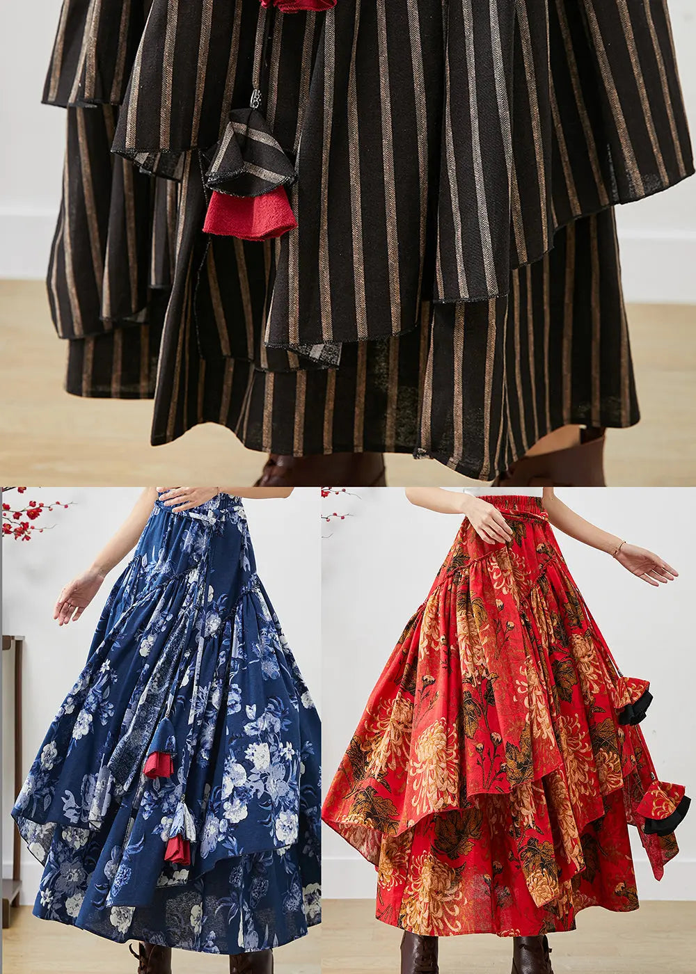 Loose Red Asymmetrical Print Cotton A Line Skirts Fall Ada Fashion