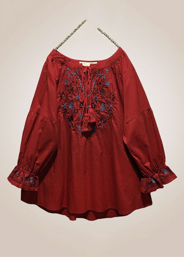 Loose Red Embroidered Lace Up Cotton Shirt Long Sleeve VV016 HS-LTP240627