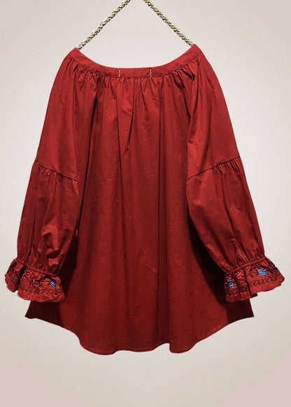 Loose Red Embroidered Lace Up Cotton Shirt Long Sleeve VV016 HS-LTP240627