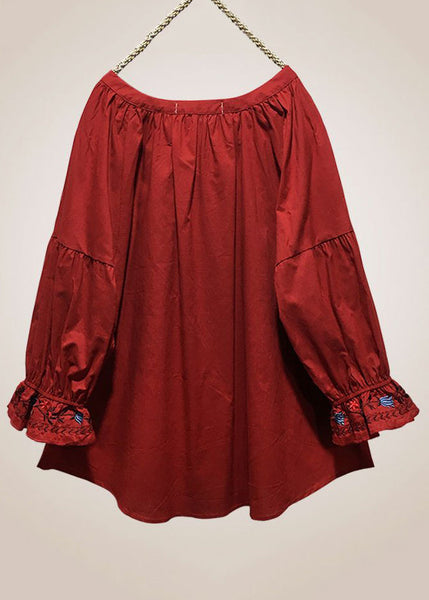 Loose Red Embroidered Lace Up Cotton Shirt Long Sleeve VV016 HS-LTP240627
