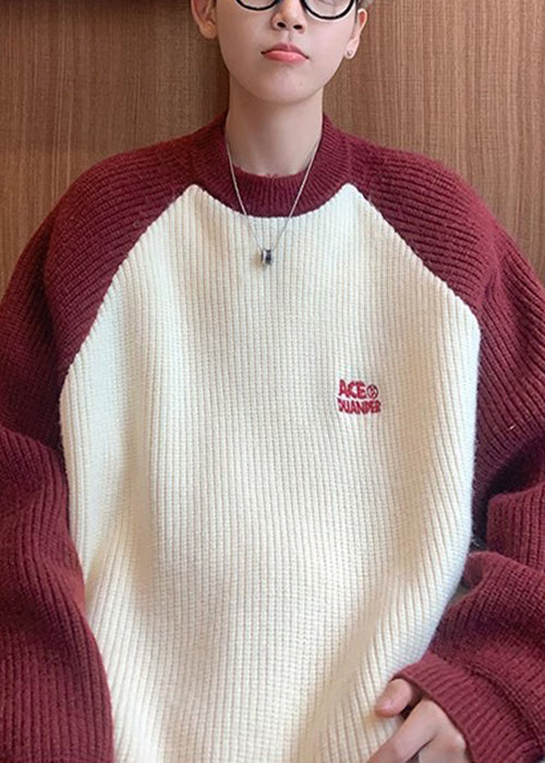 Loose Red Letter Patchwork Knit Men Sweater Winter QF035 MENSW241016