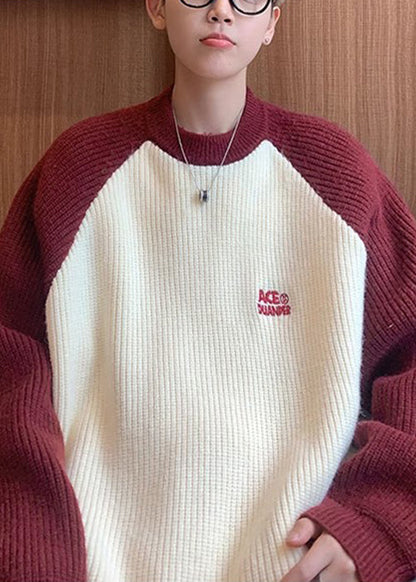 Loose Red Letter Patchwork Knit Men Sweater Winter QF035 MENSW241016