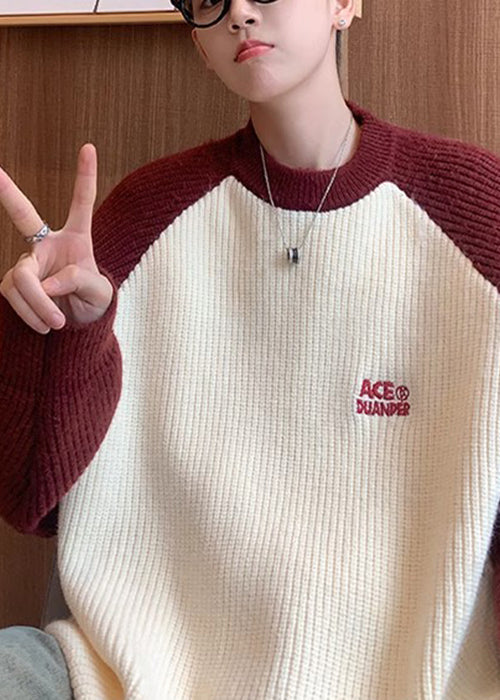 Loose Red Letter Patchwork Knit Men Sweater Winter QF035 MENSW241016