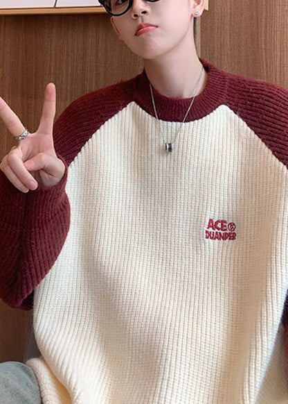 Loose Red Letter Patchwork Knit Men Sweater Winter QF035 MENSW241016