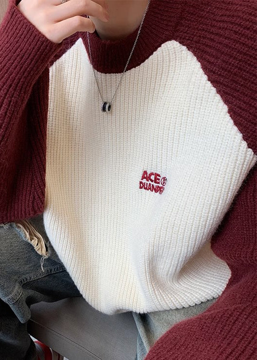 Loose Red Letter Patchwork Knit Men Sweater Winter QF035 MENSW241016