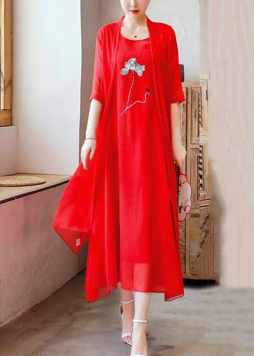 Loose Red O Neck Embroidered Solid Chiffon Two Pieces Set Half Sleeve OP1073 Ada Fashion