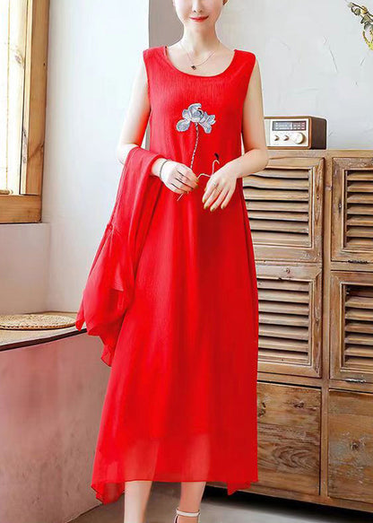 Loose Red O Neck Embroidered Solid Chiffon Two Pieces Set Half Sleeve OP1073 Ada Fashion