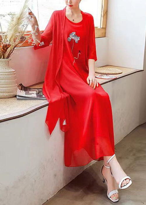 Loose Red O Neck Embroidered Solid Chiffon Two Pieces Set Half Sleeve OP1073 Ada Fashion