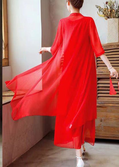 Loose Red O Neck Embroidered Solid Chiffon Two Pieces Set Half Sleeve OP1073 Ada Fashion