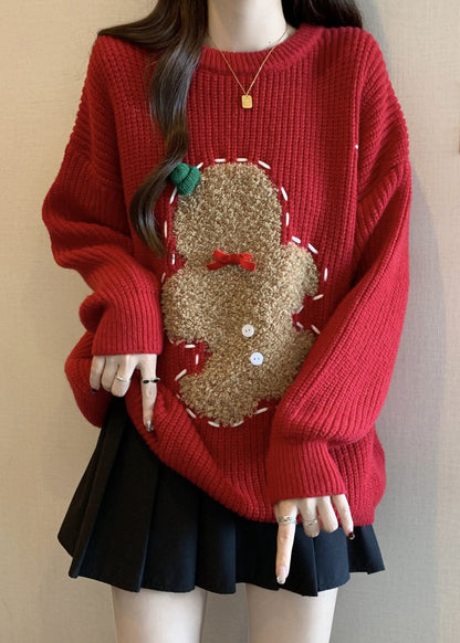 Loose Red O Neck Embroidered Thick Christmas Knit Sweater Winter RG027 ABC