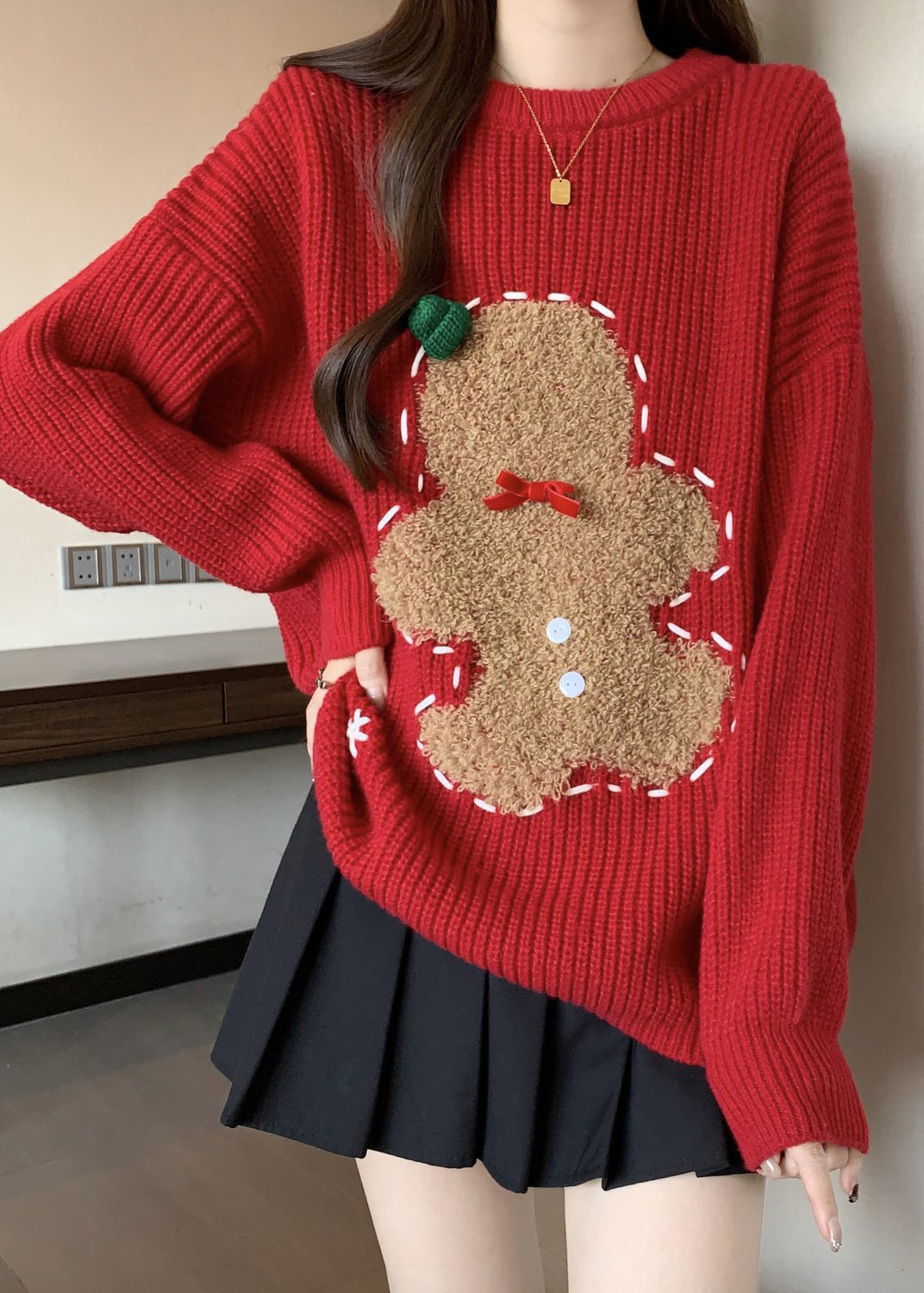 Loose Red O Neck Embroidered Thick Christmas Knit Sweater Winter RG027 ABC