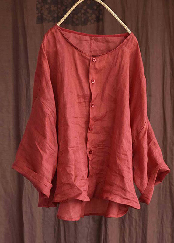 Loose Red O-Neck Low High Design Linen Tops Bracelet Sleeve BV068 MZF-LTP240702