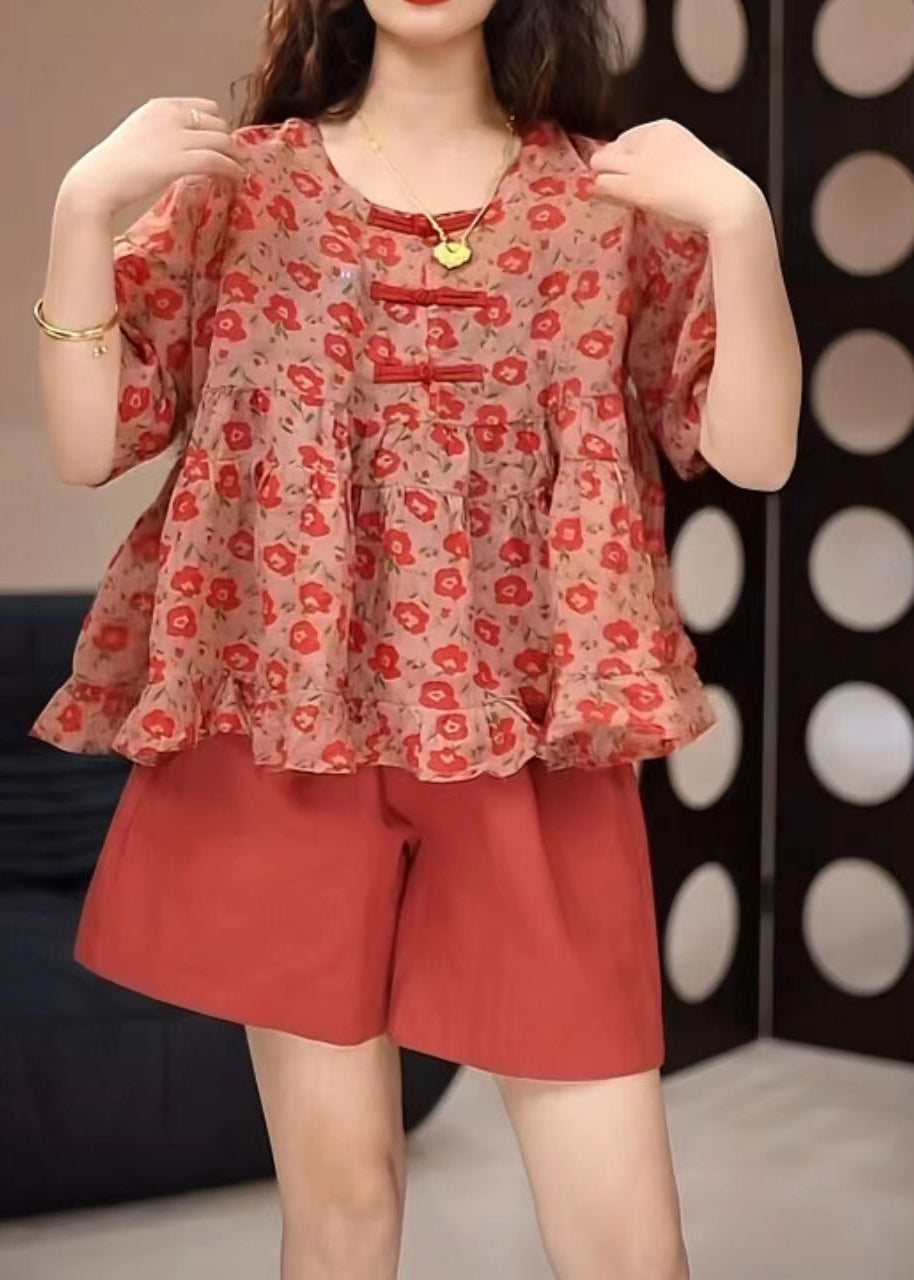 Loose Red O-Neck Print Top And Shorts Two Pieces Set Summer GH1009 Ada Fashion