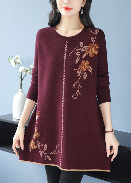 Loose Red O Neck Zircon Wool Knit Sweaters Long Sleeve TB006
