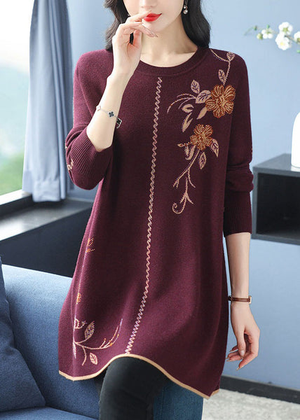 Loose Red O Neck Zircon Wool Knit Sweaters Long Sleeve TB006