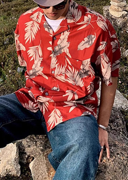 Red Peter Collar Print Summer Pan Men Shirt Cotton Button Loose FashionChic