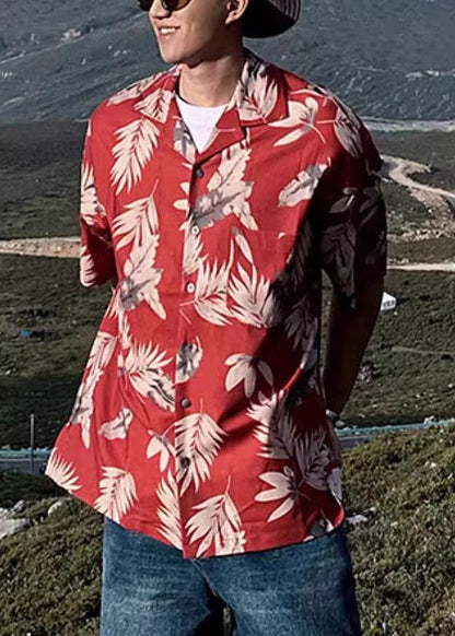 Red Peter Collar Print Summer Pan Men Shirt Cotton Button Loose FashionChic