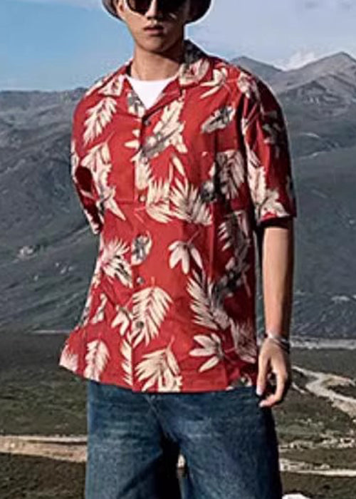 Red Peter Collar Print Summer Pan Men Shirt Cotton Button Loose FashionChic