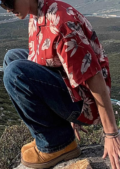 Red Peter Collar Print Summer Pan Men Shirt Cotton Button Loose FashionChic