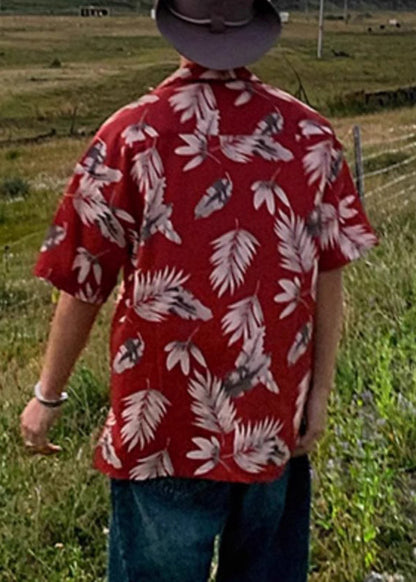 Red Peter Collar Print Summer Pan Men Shirt Cotton Button Loose FashionChic