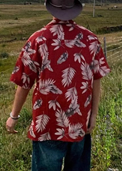 Red Peter Collar Print Summer Pan Men Shirt Cotton Button Loose FashionChic