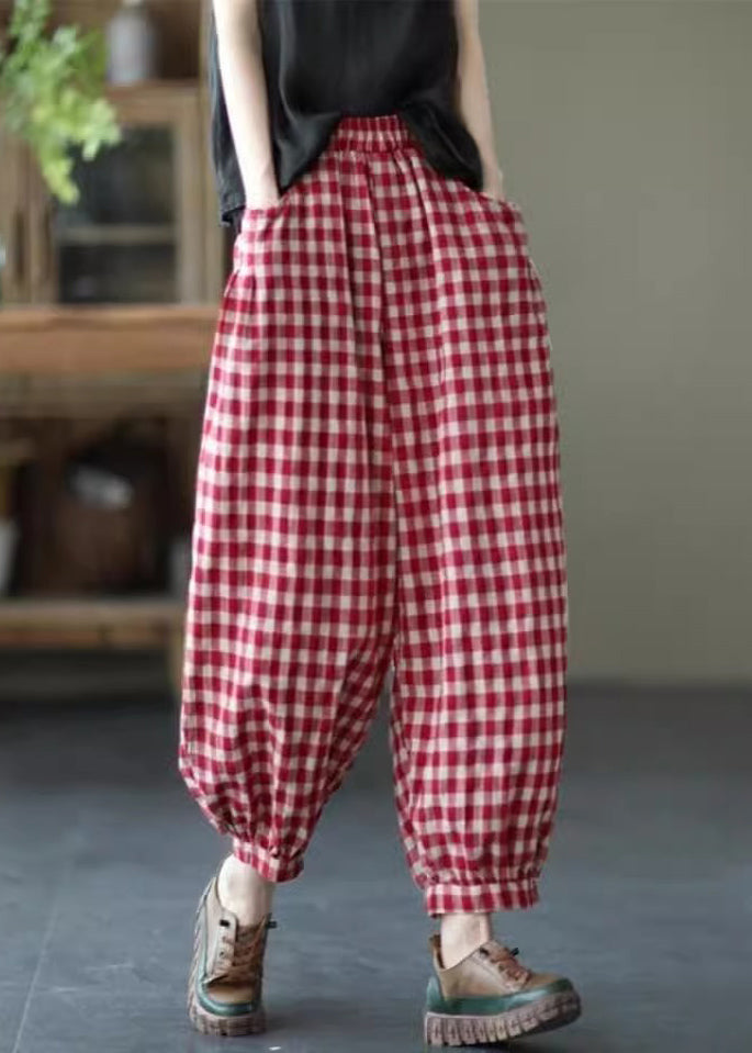 Loose Red Plaid Pockets Elastic Waist Crop Pants Summer TR012 MZF-CPTS240727