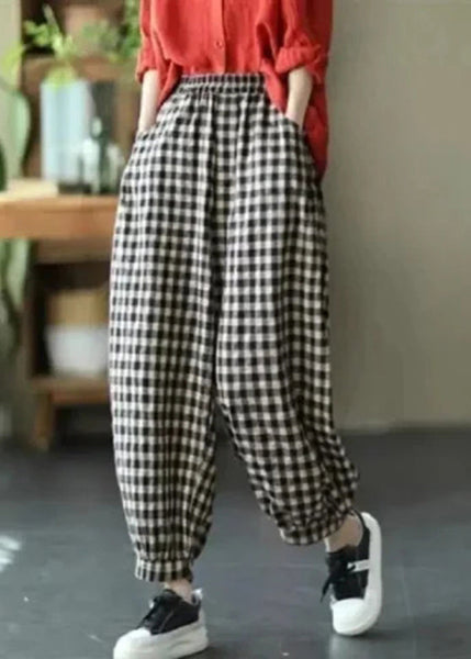 Loose Red Plaid Pockets Elastic Waist Crop Pants Summer TR012 MZF-CPTS240727