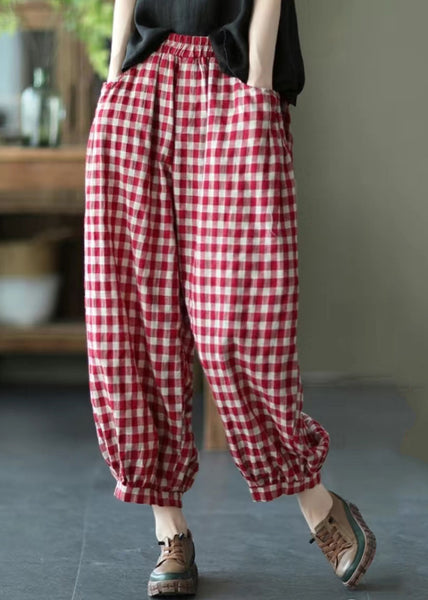 Loose Red Plaid Pockets Elastic Waist Crop Pants Summer TR012 MZF-CPTS240727