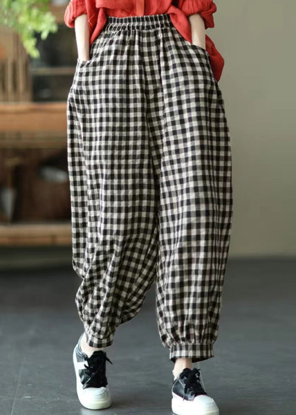 Loose Red Plaid Pockets Elastic Waist Crop Pants Summer TR012 MZF-CPTS240727