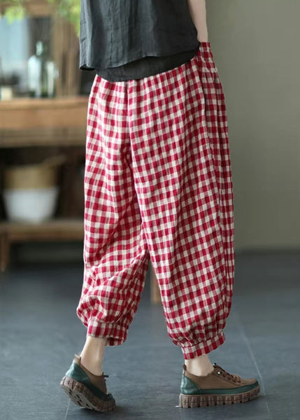 Loose Red Plaid Pockets Elastic Waist Crop Pants Summer TR012 MZF-CPTS240727