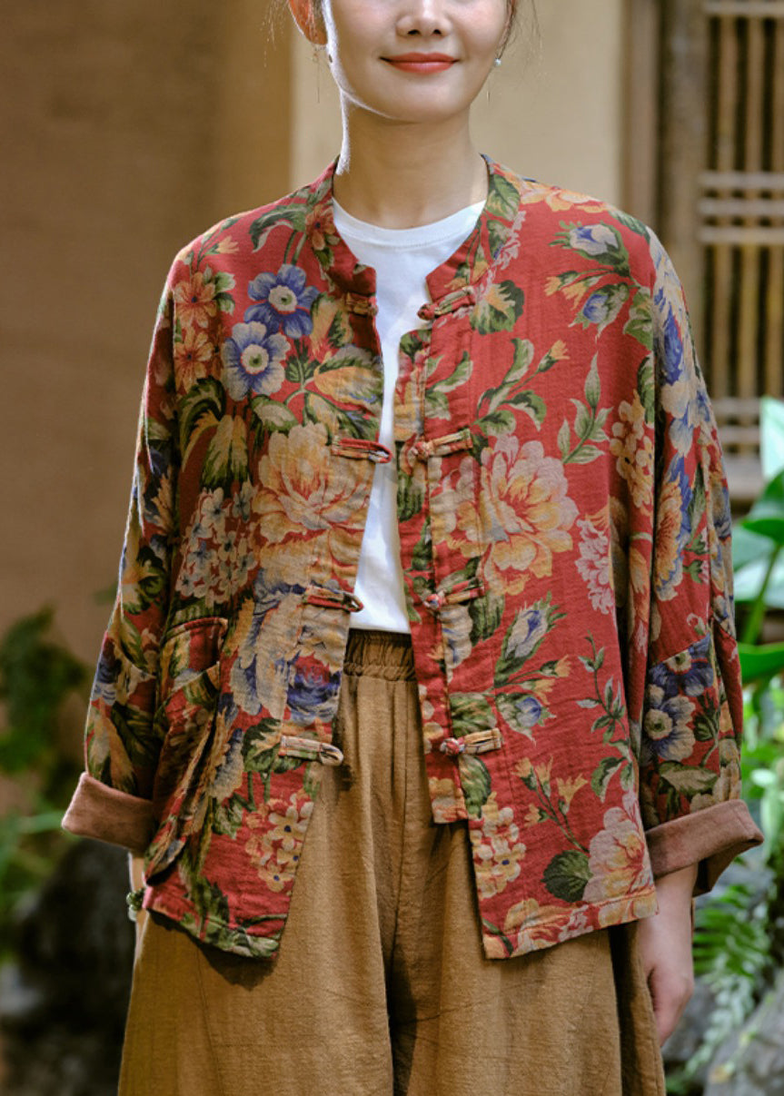 Loose Red Print Button Cotton Blouse Long Sleeve VV037 HS-LTP240627