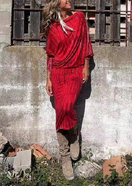 Loose Red Print High Waist Cotton Dresses Batwing Sleeve BB041 Hawaii-FDL240622