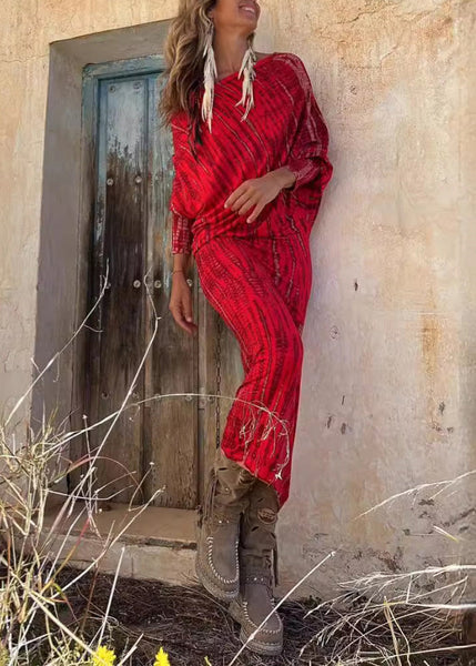 Loose Red Print High Waist Cotton Dresses Batwing Sleeve BB041 Hawaii-FDL240622