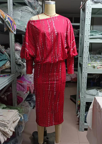 Loose Red Print High Waist Cotton Dresses Batwing Sleeve BB041 Hawaii-FDL240622