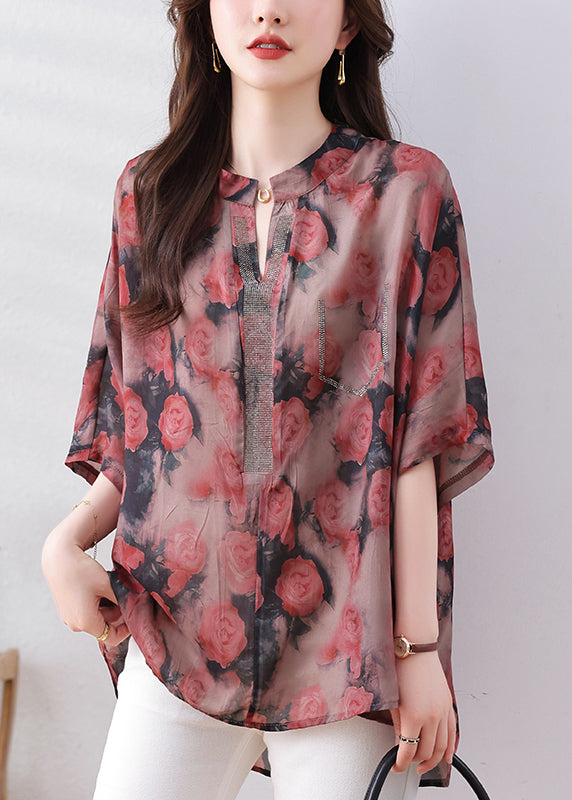 Loose Red Print Low High Design Button Silk Cotton Shirts Bracelet Sleeve QB012 HS-LTPS241025