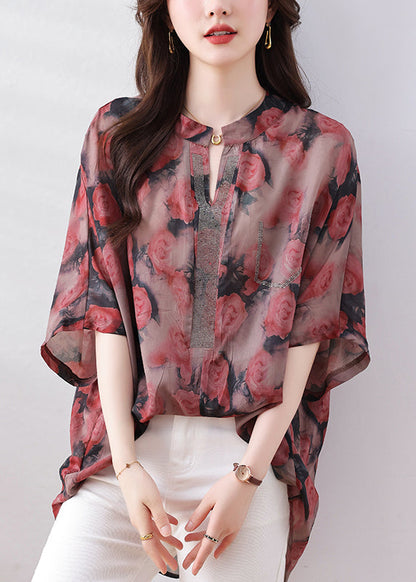 Loose Red Print Low High Design Button Silk Cotton Shirts Bracelet Sleeve QB012 HS-LTPS241025