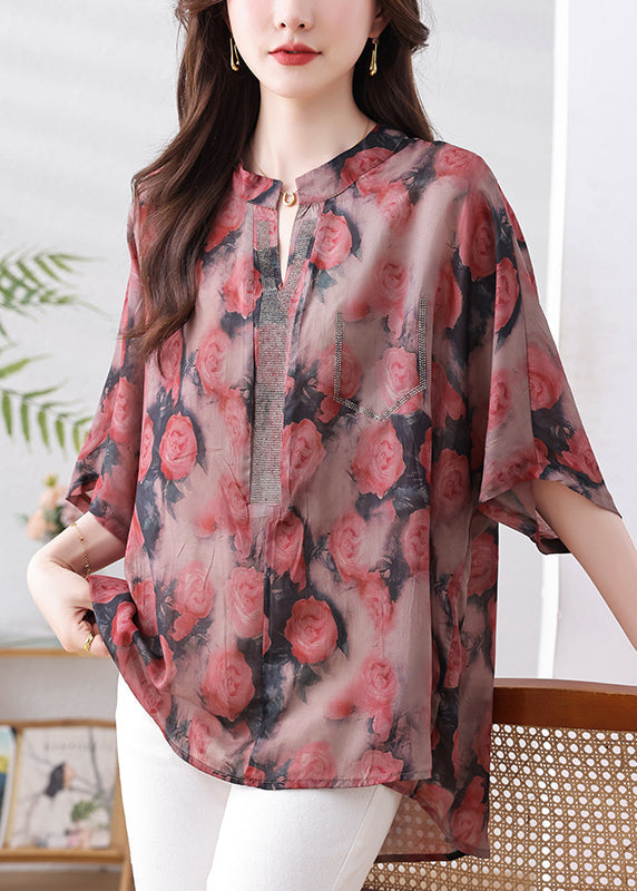 Loose Red Print Low High Design Button Silk Cotton Shirts Bracelet Sleeve QB012 HS-LTPS241025