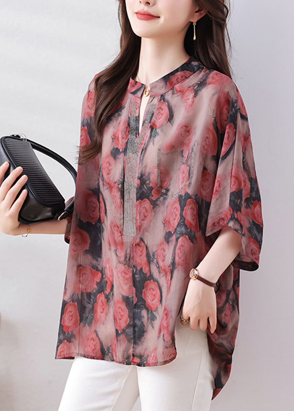 Loose Red Print Low High Design Button Silk Cotton Shirts Bracelet Sleeve QB012 HS-LTPS241025