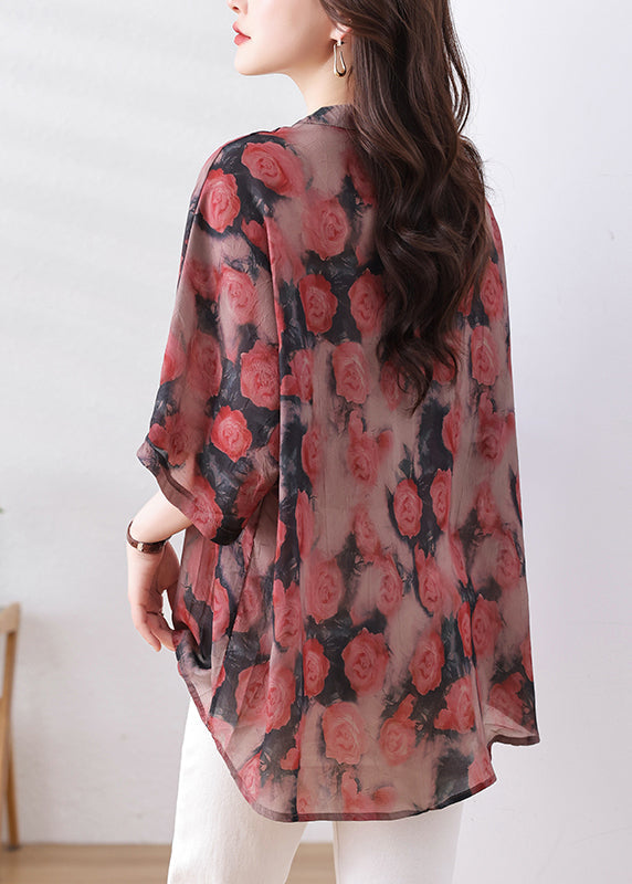 Loose Red Print Low High Design Button Silk Cotton Shirts Bracelet Sleeve QB012 HS-LTPS241025