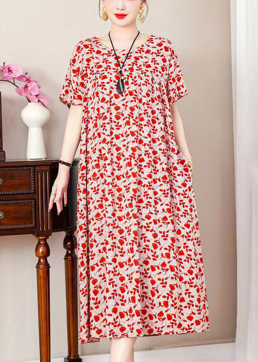 Loose Red Print Pockets Cotton Long Dresses Summer QE019 MZF-SDL240927