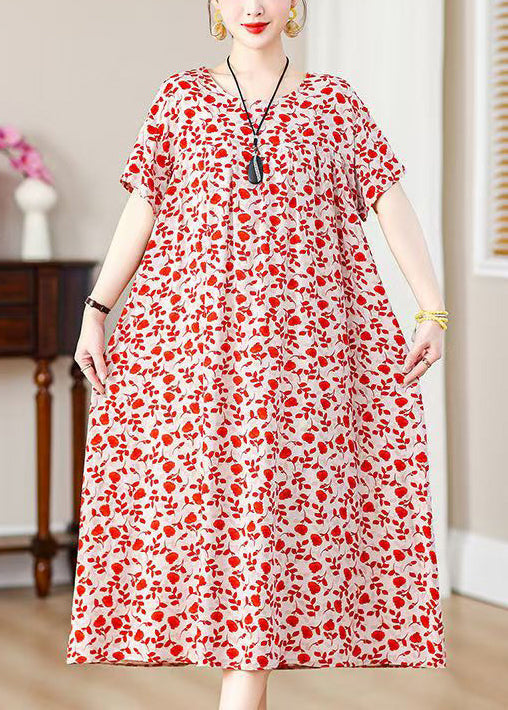 Loose Red Print Pockets Cotton Long Dresses Summer QE019 MZF-SDL240927