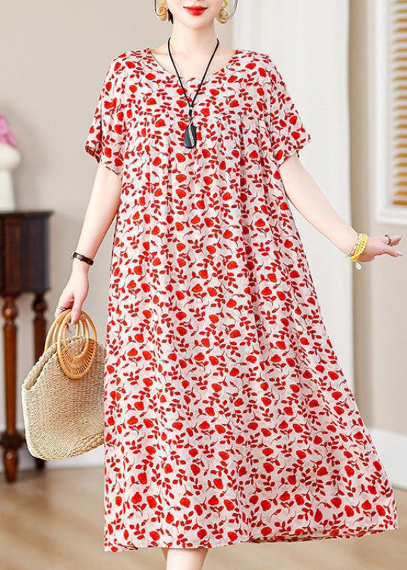 Loose Red Print Pockets Cotton Long Dresses Summer QE019 MZF-SDL240927