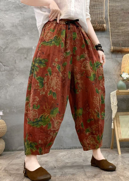 Loose Red Print Pockets Linen Crop Pants Summer GG057 MZF-CPTS240610