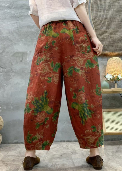 Loose Red Print Pockets Linen Crop Pants Summer GG057 MZF-CPTS240610