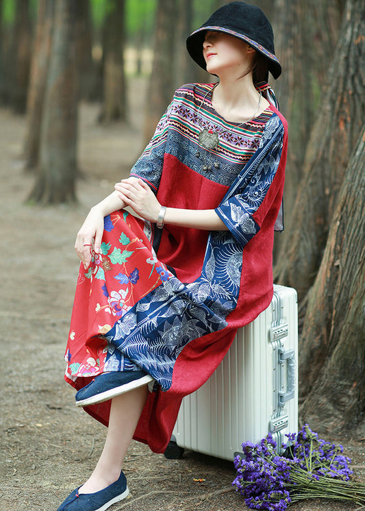 Loose Red Print Pockets Patchwork Cotton Maxi Dresses Half Sleeve KK096 SH-LF-SDL240602