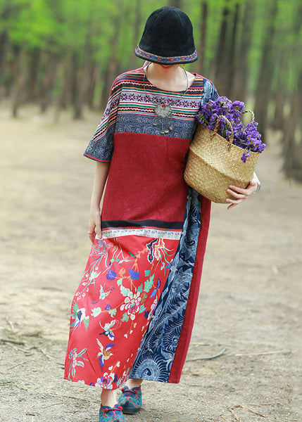 Loose Red Print Pockets Patchwork Cotton Maxi Dresses Half Sleeve KK096 SH-LF-SDL240602