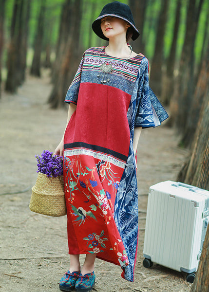 Loose Red Print Pockets Patchwork Cotton Maxi Dresses Half Sleeve KK096 SH-LF-SDL240602