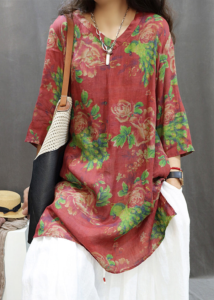 Loose Red Print Side Open Cotton Blouses Summer GG060 MZF-HTP240610