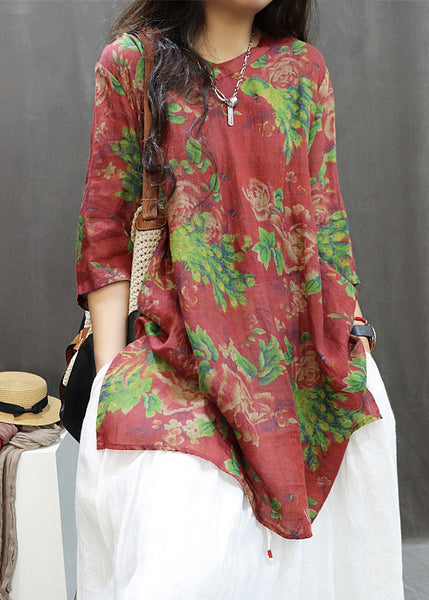 Loose Red Print Side Open Cotton Blouses Summer GG060 MZF-HTP240610