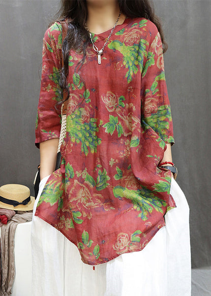 Loose Red Print Side Open Cotton Blouses Summer GG060 MZF-HTP240610
